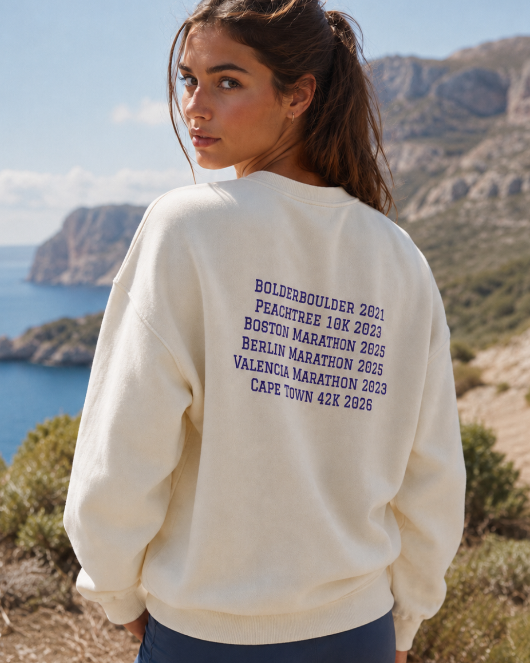 Woman wearing a cream weatshirt with personalized running races on the back